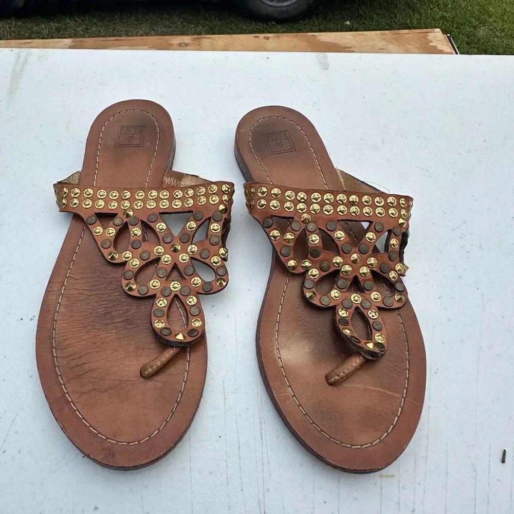 Frye Brown Leather Sandals with Gold Accents